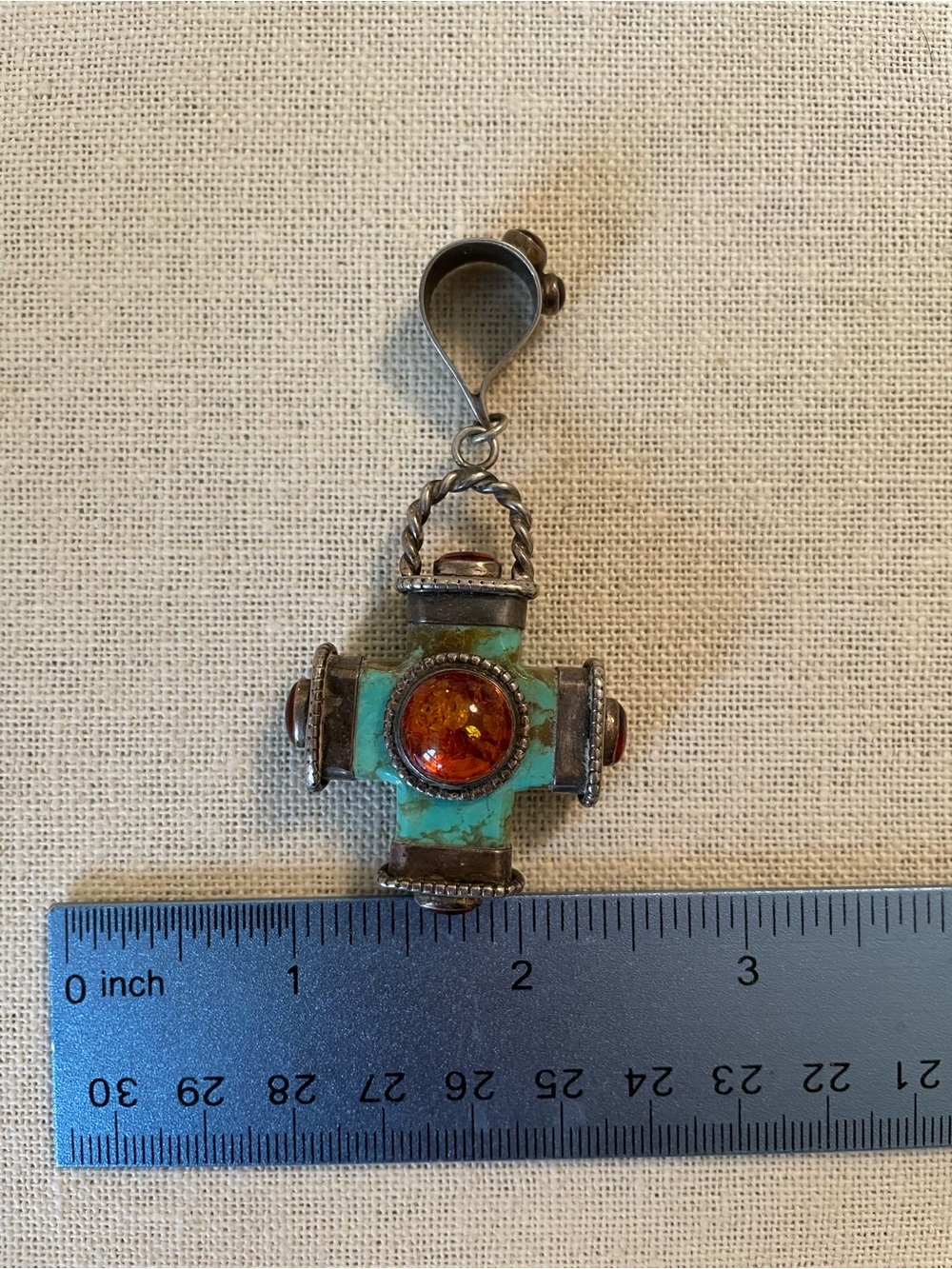 LARGE Reversible Sterling Silver, Turquoise, and Amber Cross Pendant - Picture 9 of 12